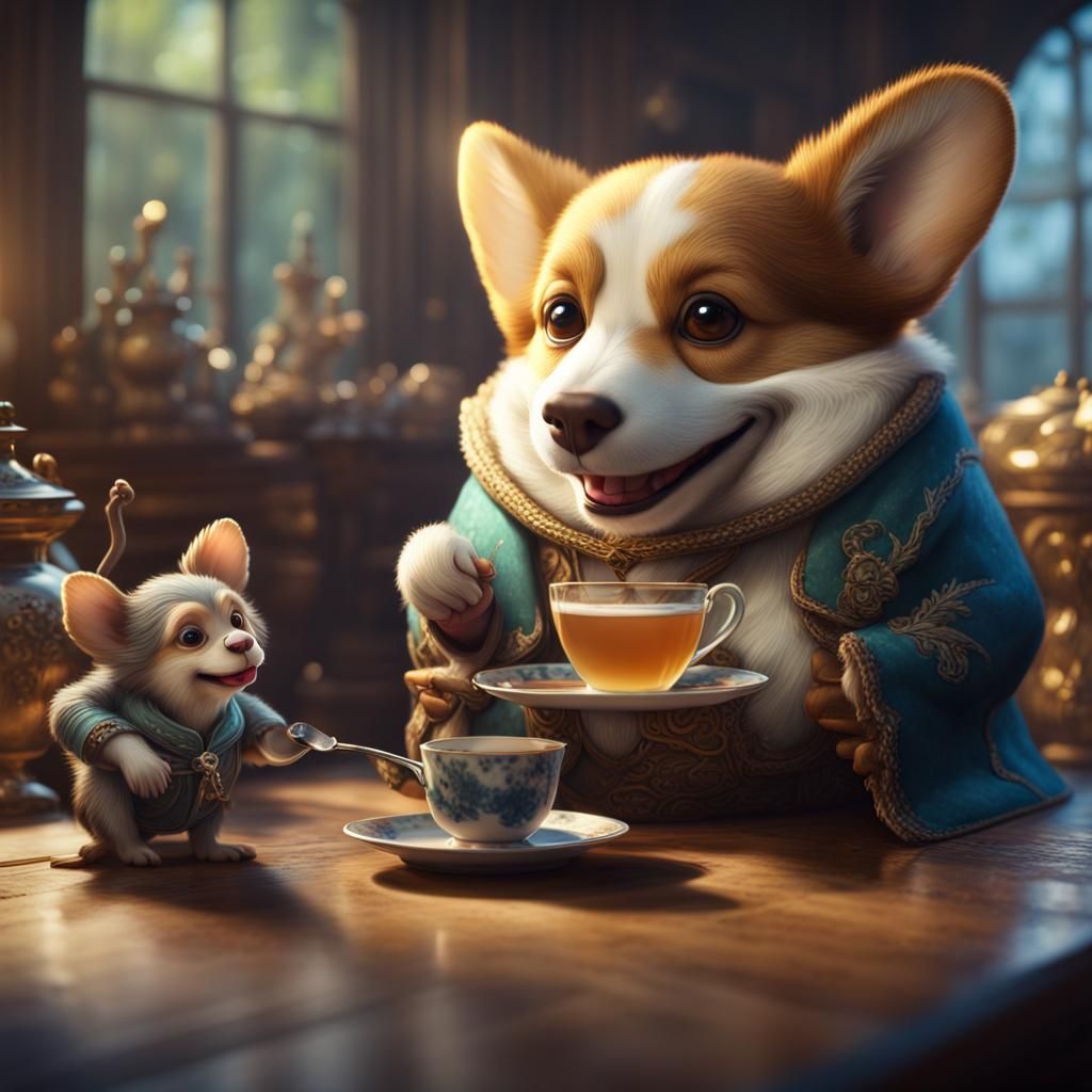 Corgi and Monkey Tea Party in Hyperreal Fairytale