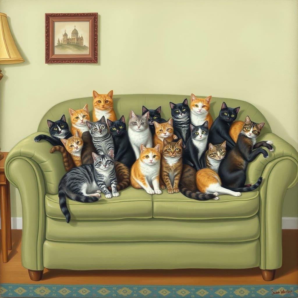 Sofa Full of Cats in Realist Style