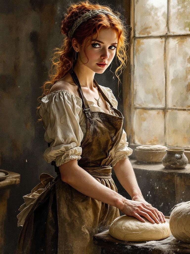 Redhead Baker in Kitchen, Alphonse Mucha Style