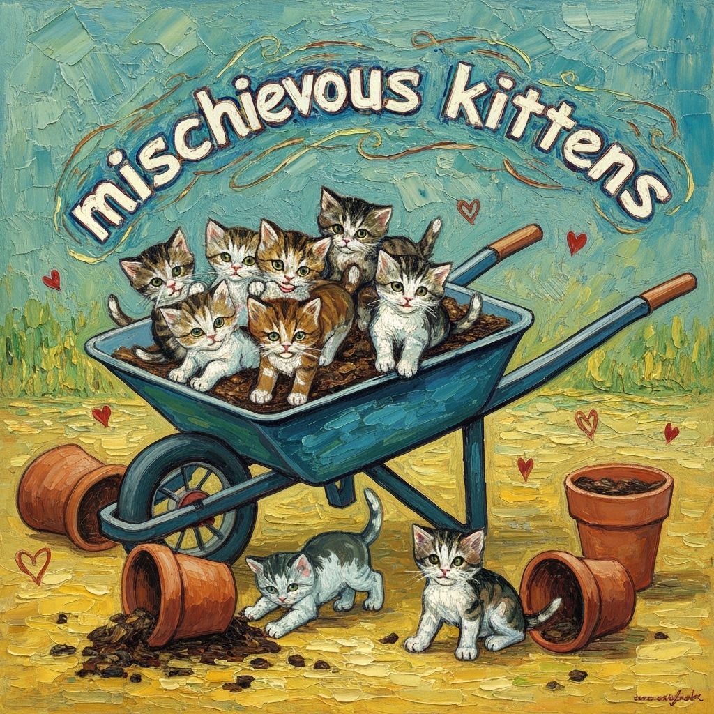 Van Gogh Style Oil Painting of Mischievous Kittens