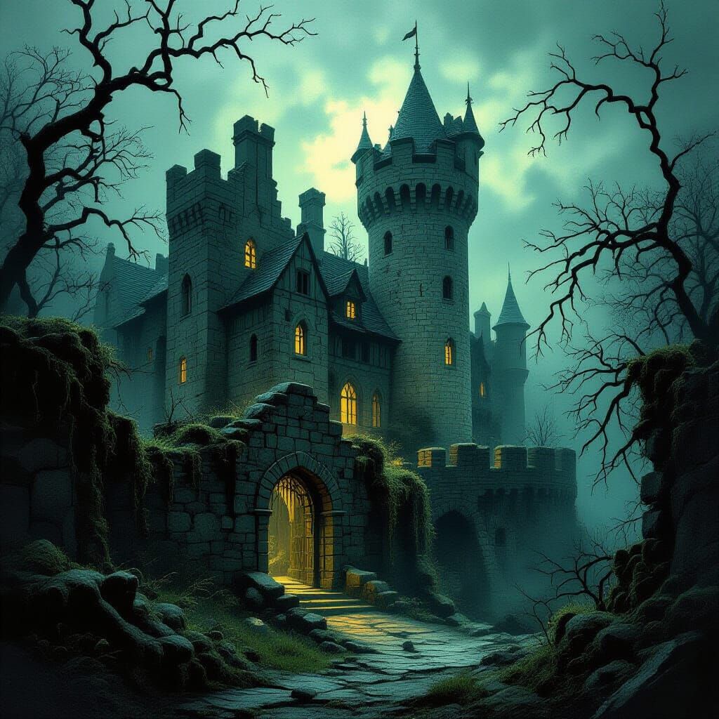 Eerie Medieval Castle Ruins in Dark Fantasy Style