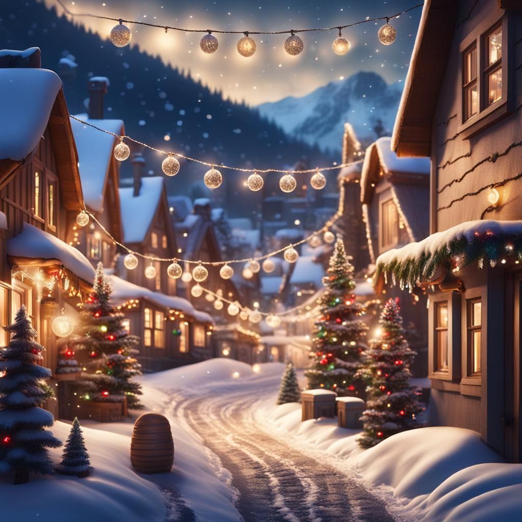 Cozy Christmas Village Street in the Mountains