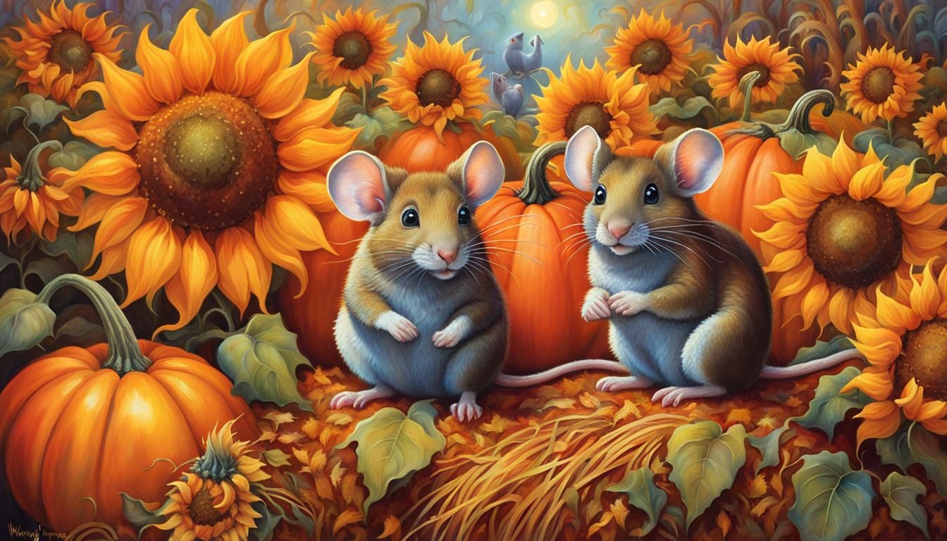 Mice in a Psychedelic Autumn Fantasy, Whimsical Art