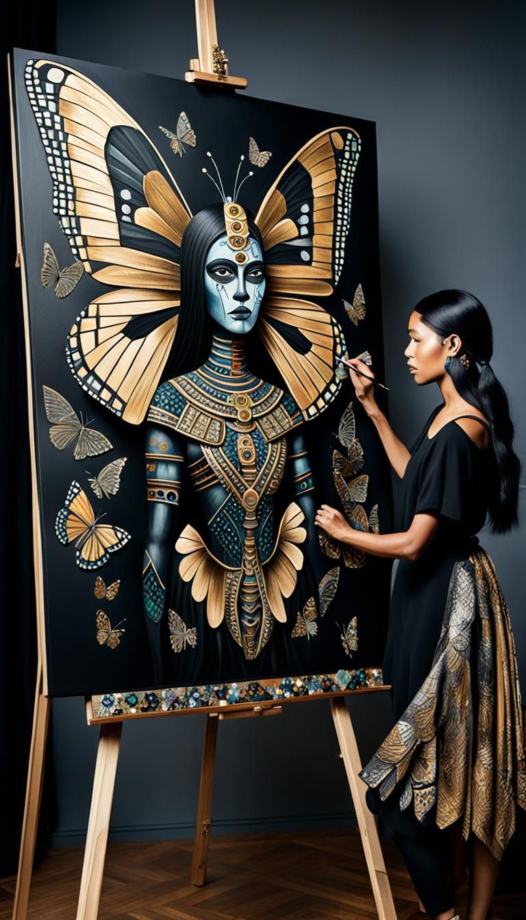 Obsidian Butterfly Goddess in Aztec Regalia