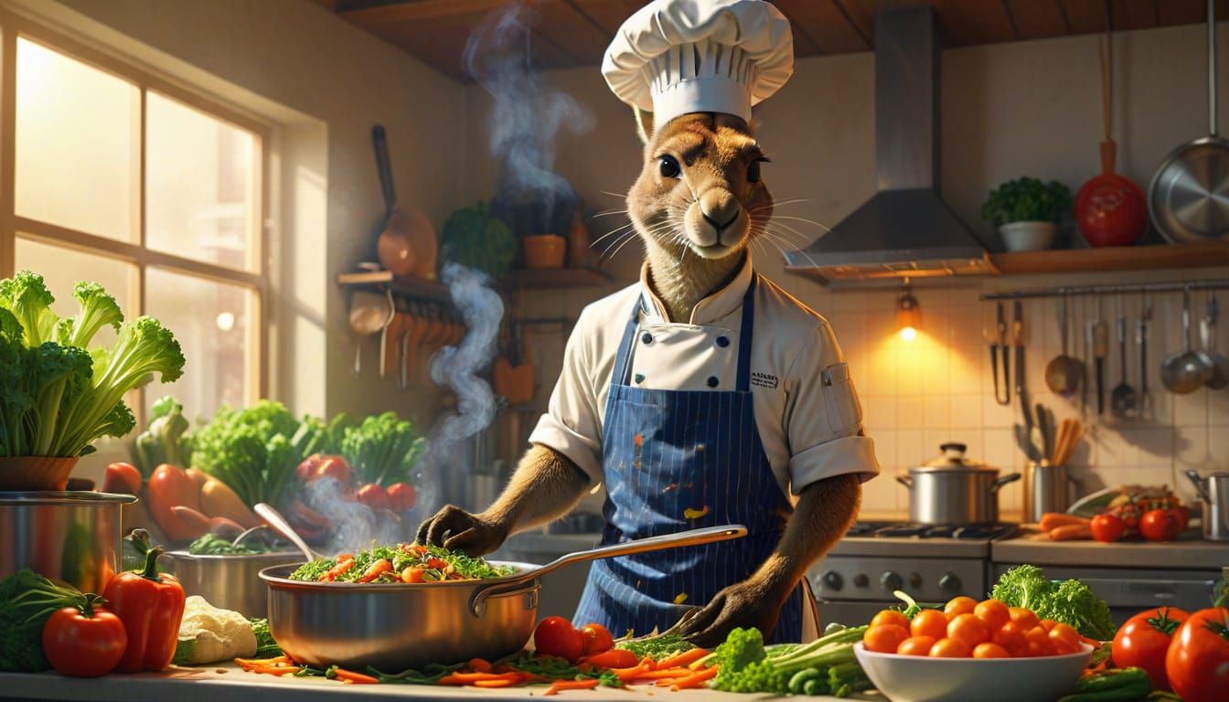 Kangaroo Chef Prepares Whimsical Salad in a Cozy Kitchen