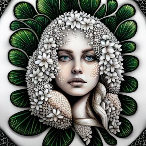 Fractal Zentangle Lady with Hydrangea, 3D Portrait