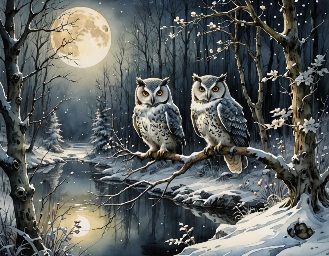 Iced River in Snowy Forest, Watercolor and Ink