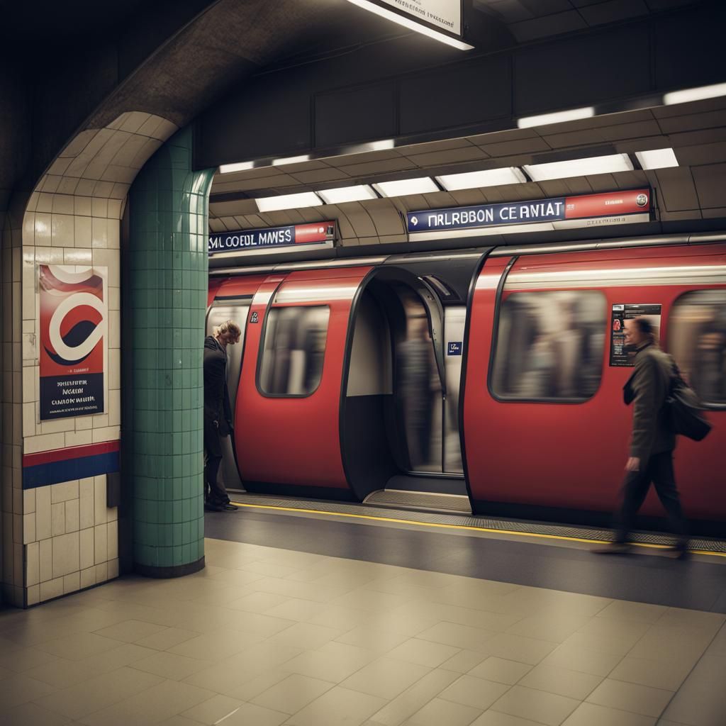 A London Underground tube station with a tube train.