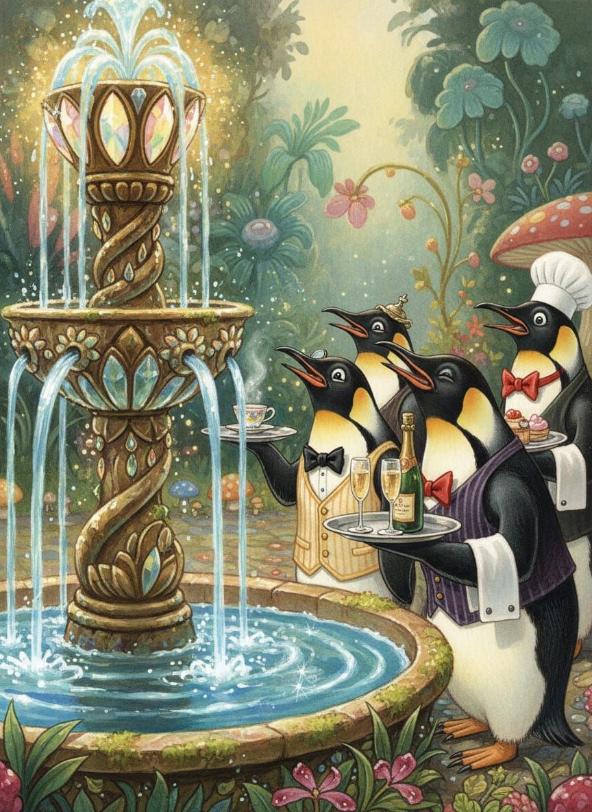 Penguins Transform into Waiters at Magic Fountain