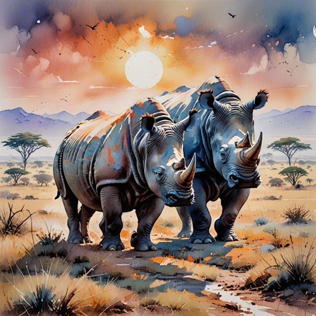 Watercolor Rhinos on African Plains in Whimsical Style