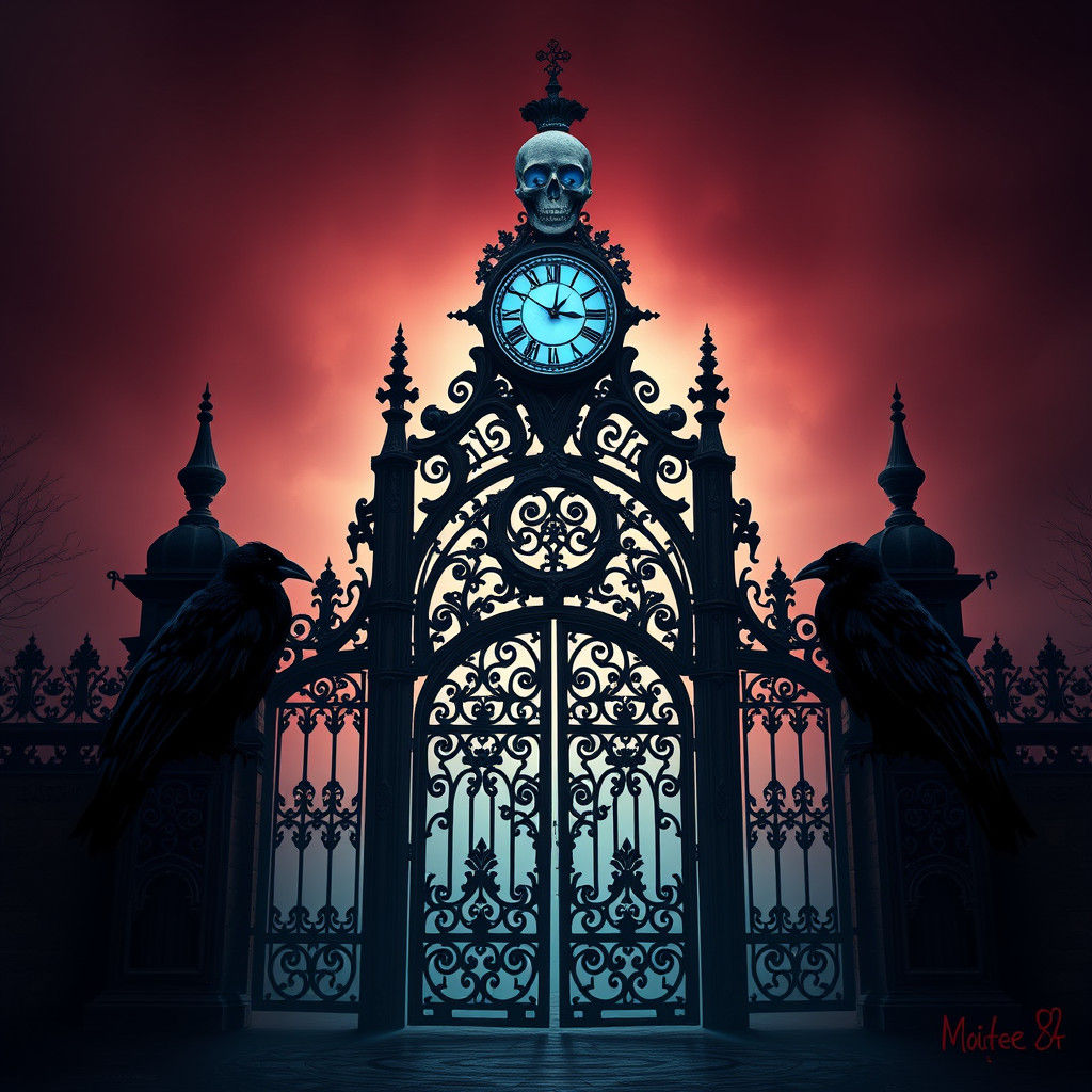 Ornate Gates to Nevermore with Raven Silhouettes