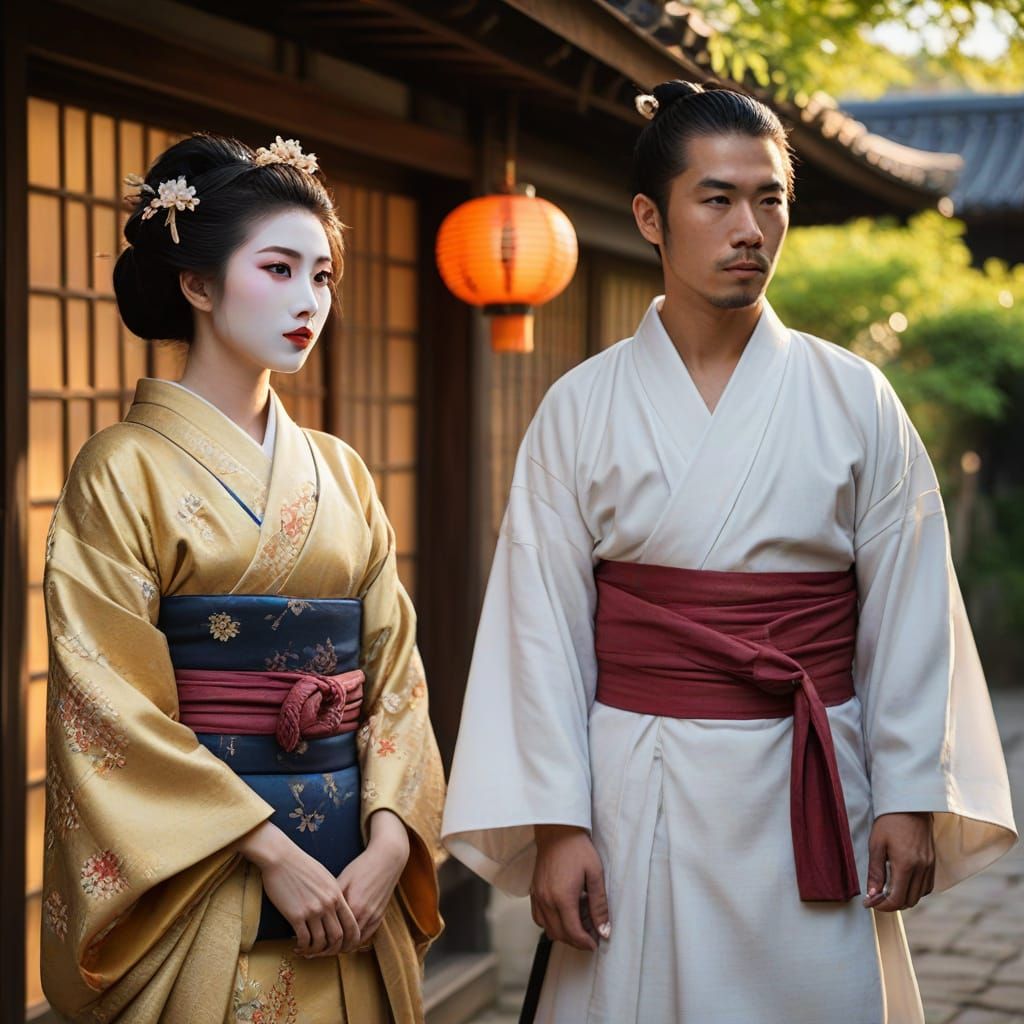 Traditional Japanese Geisha and Samurai in Misty Village