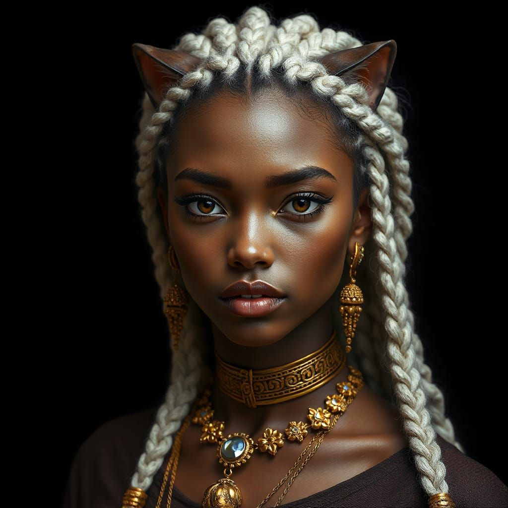Nubian Woman with Cat Eyes and Golden Jewelry