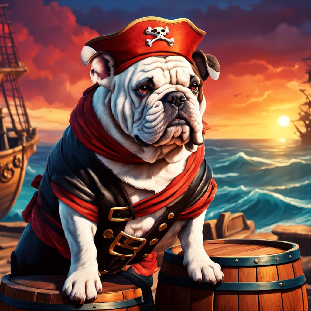 Pirate Bulldog on Tropical Island: Fantasy Illustration