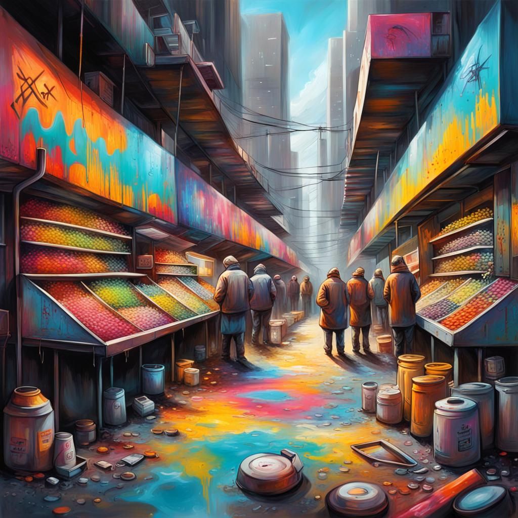 Futuristic Market with Graffiti Art and Spray Paint