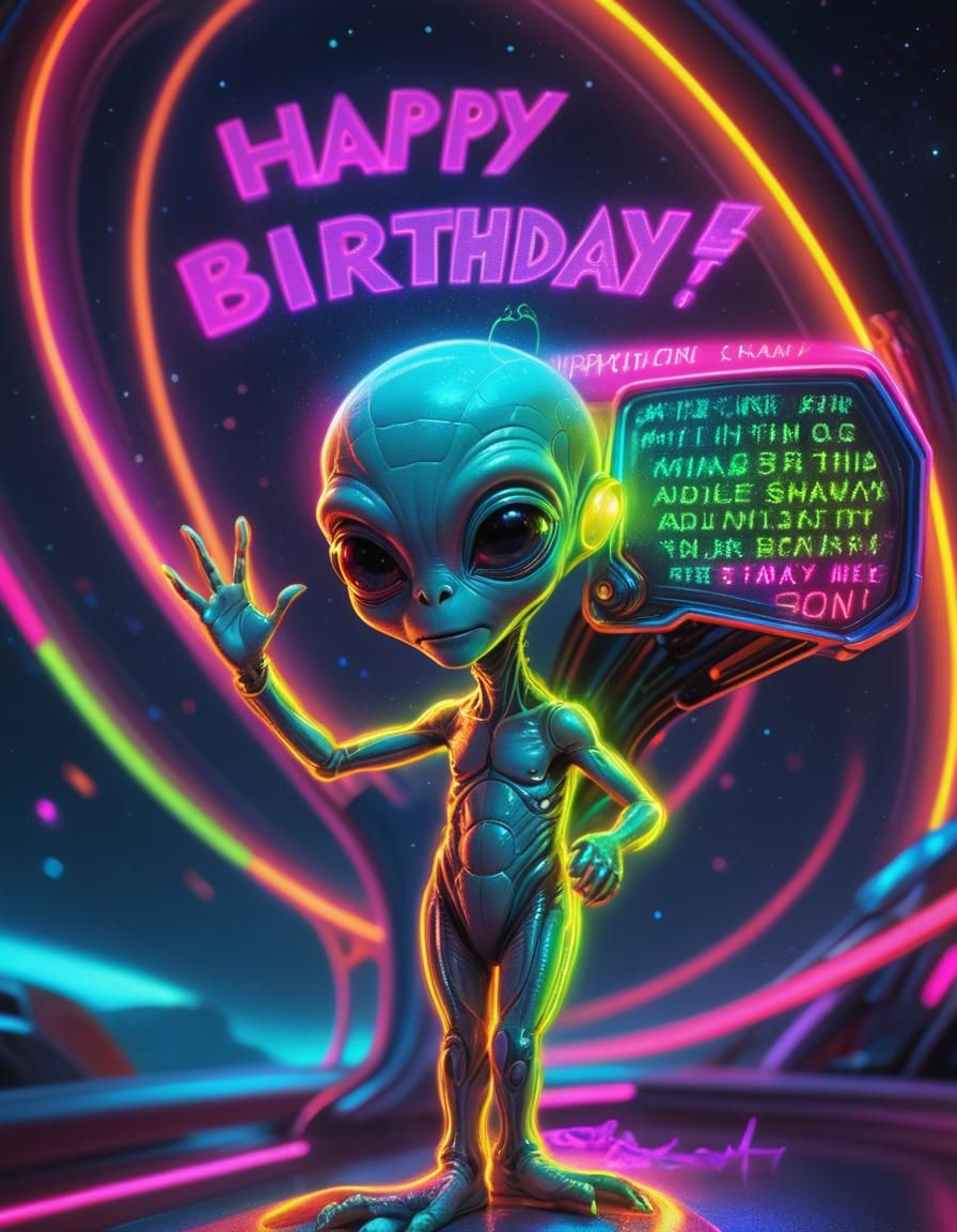 Cute Alien Waving in Space: Neon Concept Art