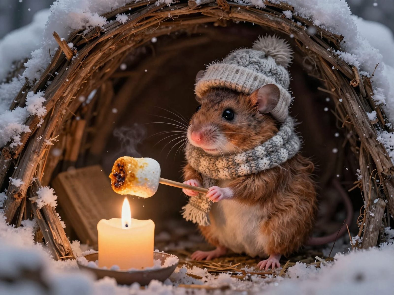 Cute Mouse Roasting Marshmallow in Cozy Burrow
