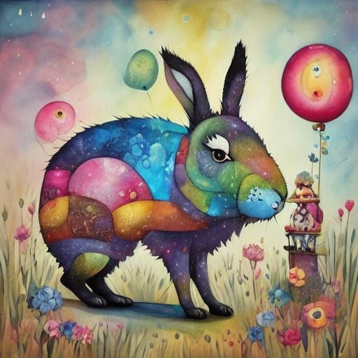 Quirky Girl Petting Bunny in Watercolor Sketch Style