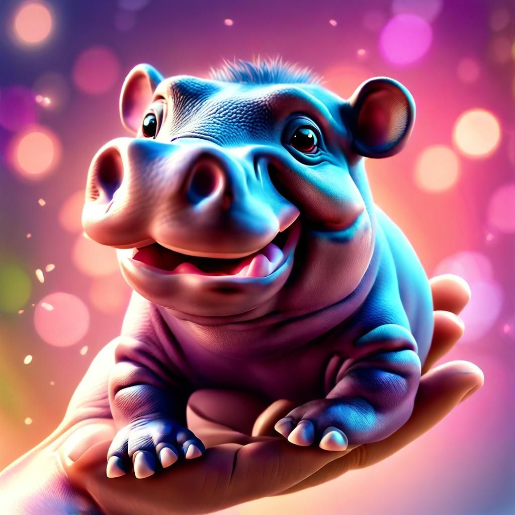 Cute Hippo Cub in Palm: Vivid Digital Art