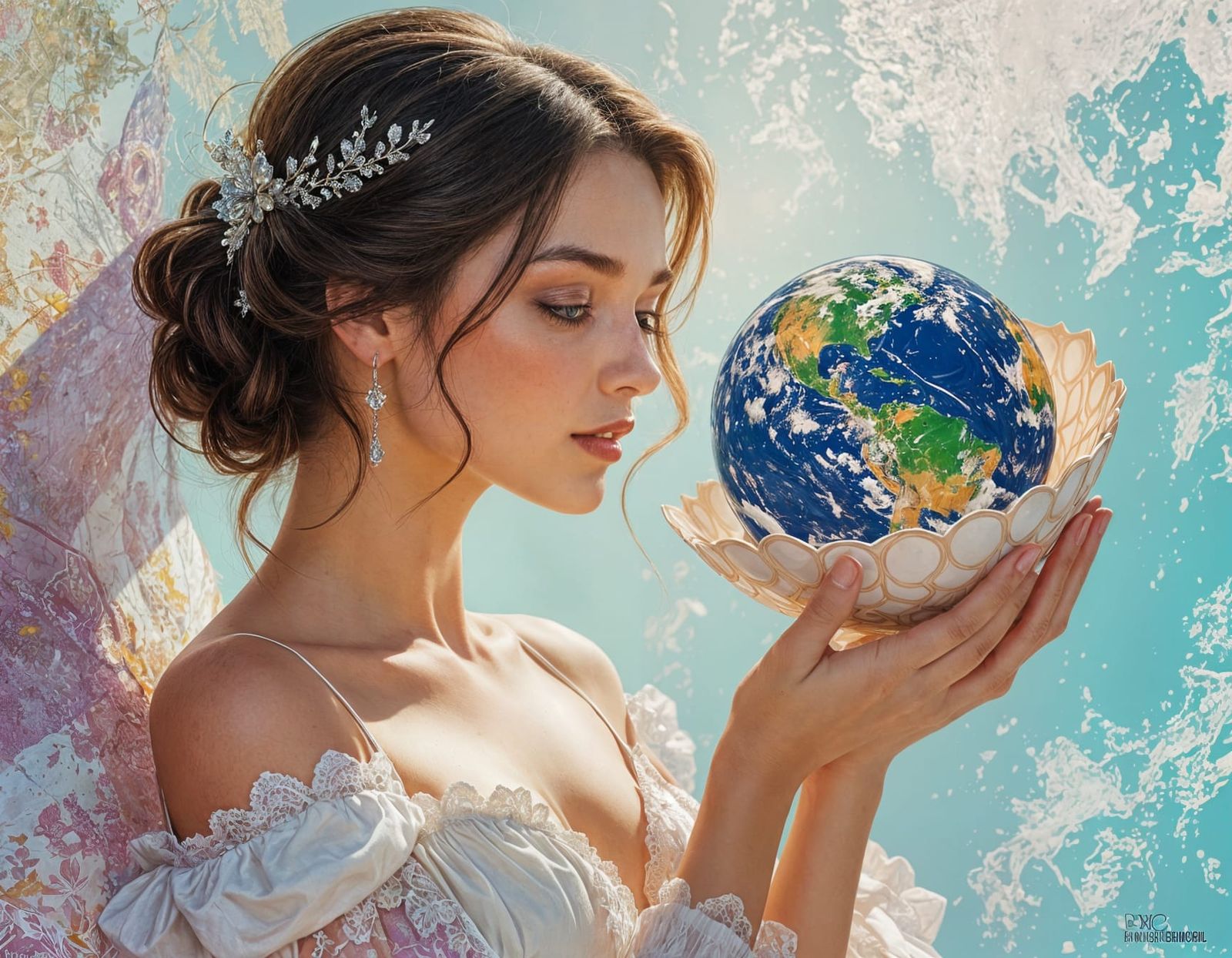 Woman Holding Globe in Seashell, Hyperrealistic Splash Art