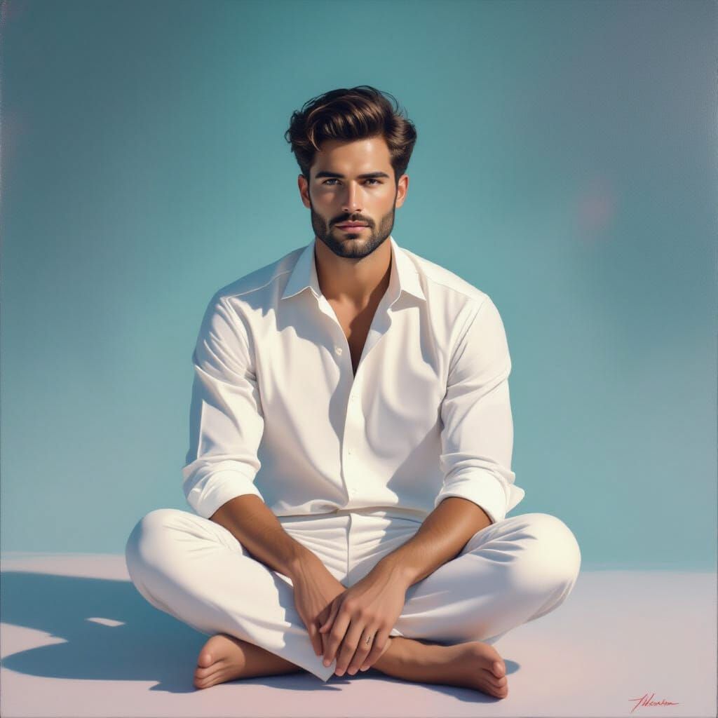 Ethereal Man in Minimalist Pastel Landscape