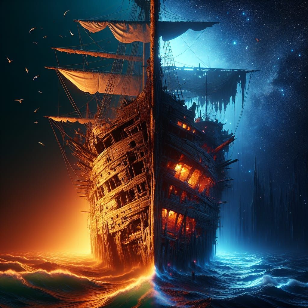 Ancient Shipwreck in Light and Shadow, Celestial Glow