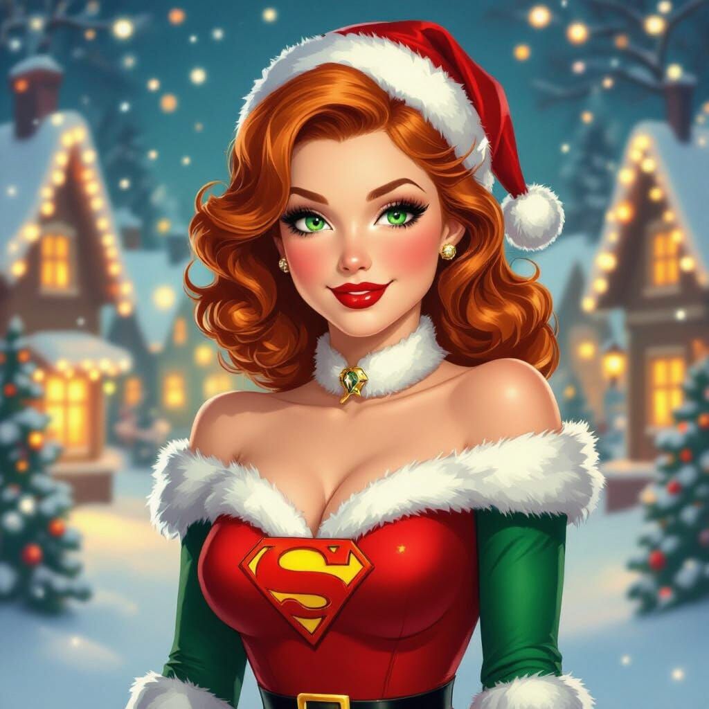 1920s Pinup Supergirl in Festive Christmas Village