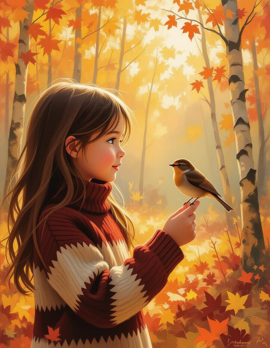Girl Holding Bird in Autumn Forest Oil Painting