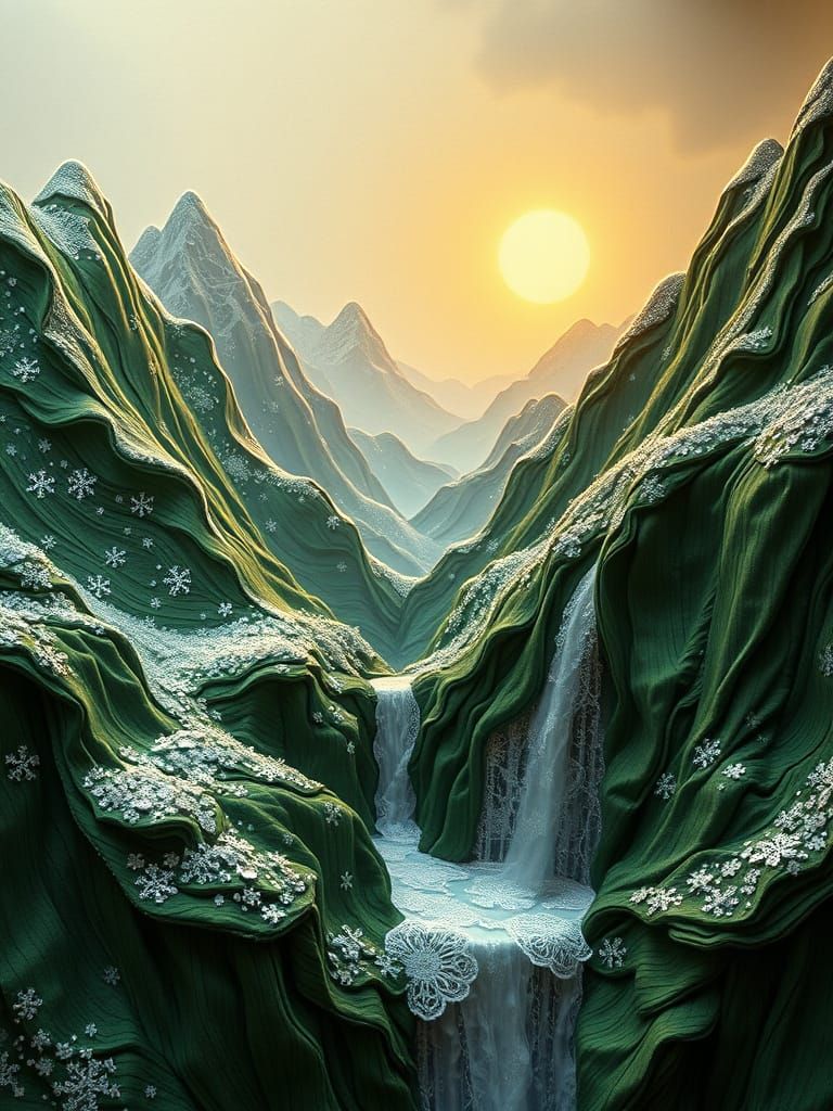 Serene Fabric Landscape with Velvet Mountains, Lace Snowfiel...