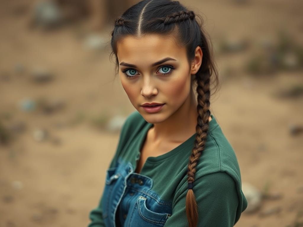 Blue-Eyed Woman with Braids in Rustic Setting