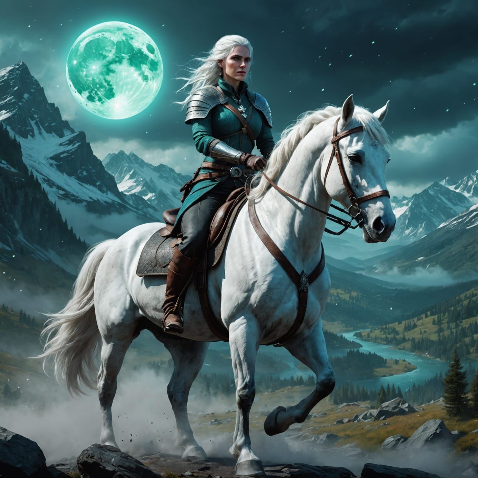 Cirilla the Sorceress on White Horse in Epic Fantasy