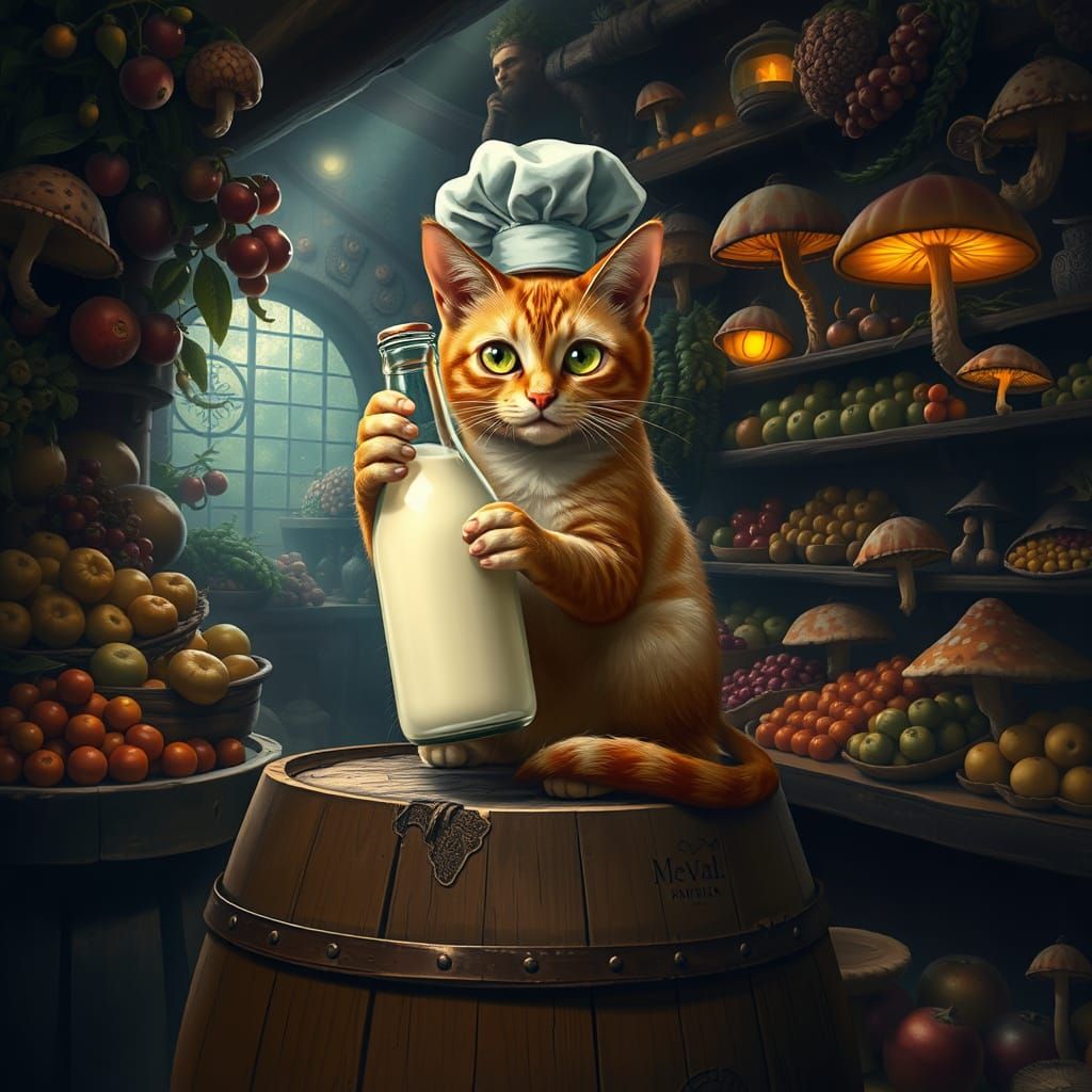 Regal Cat with Milk Bottle in Fantastical Market