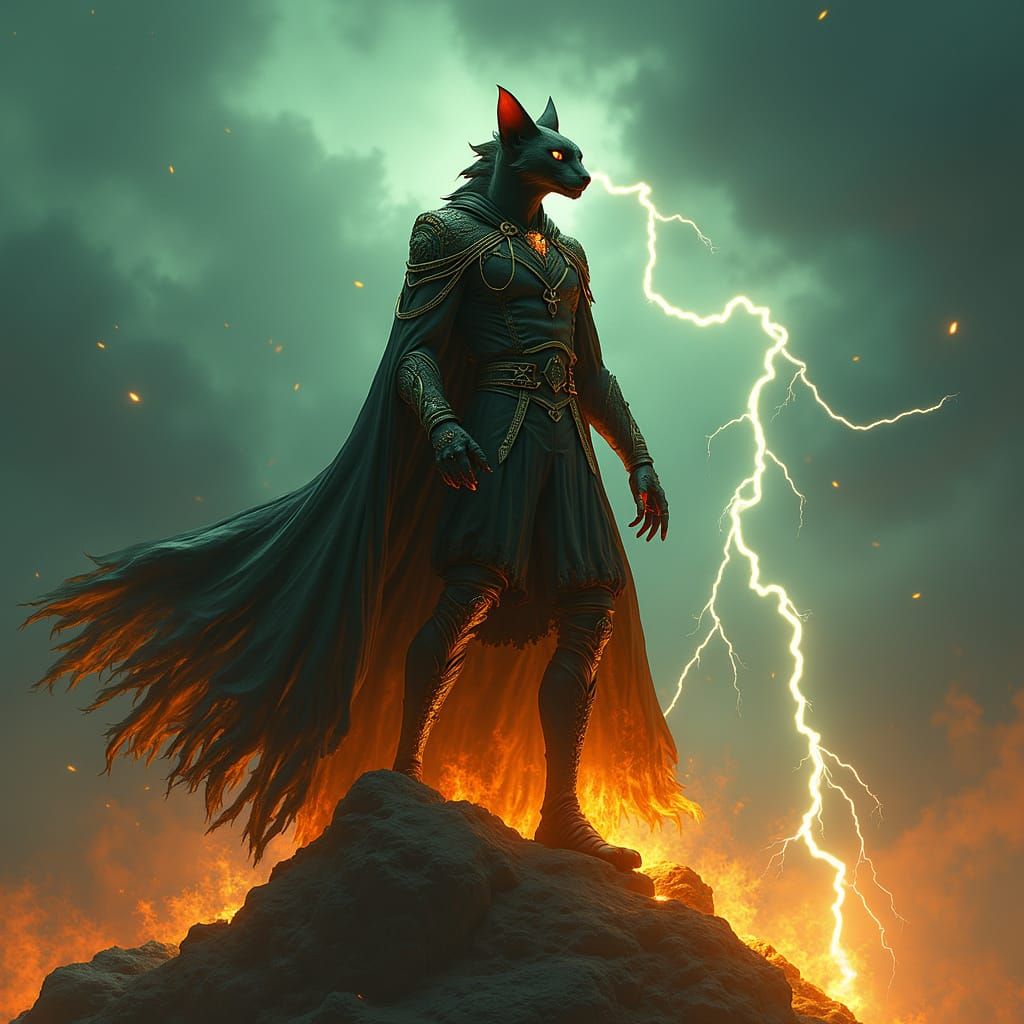 Regal Dark Fantasy Feline Hero Rises from Fiery Flames