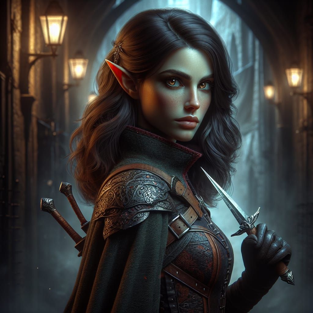 Half-Elf Rogue in Shadowy Alley: Fantasy Concept Art