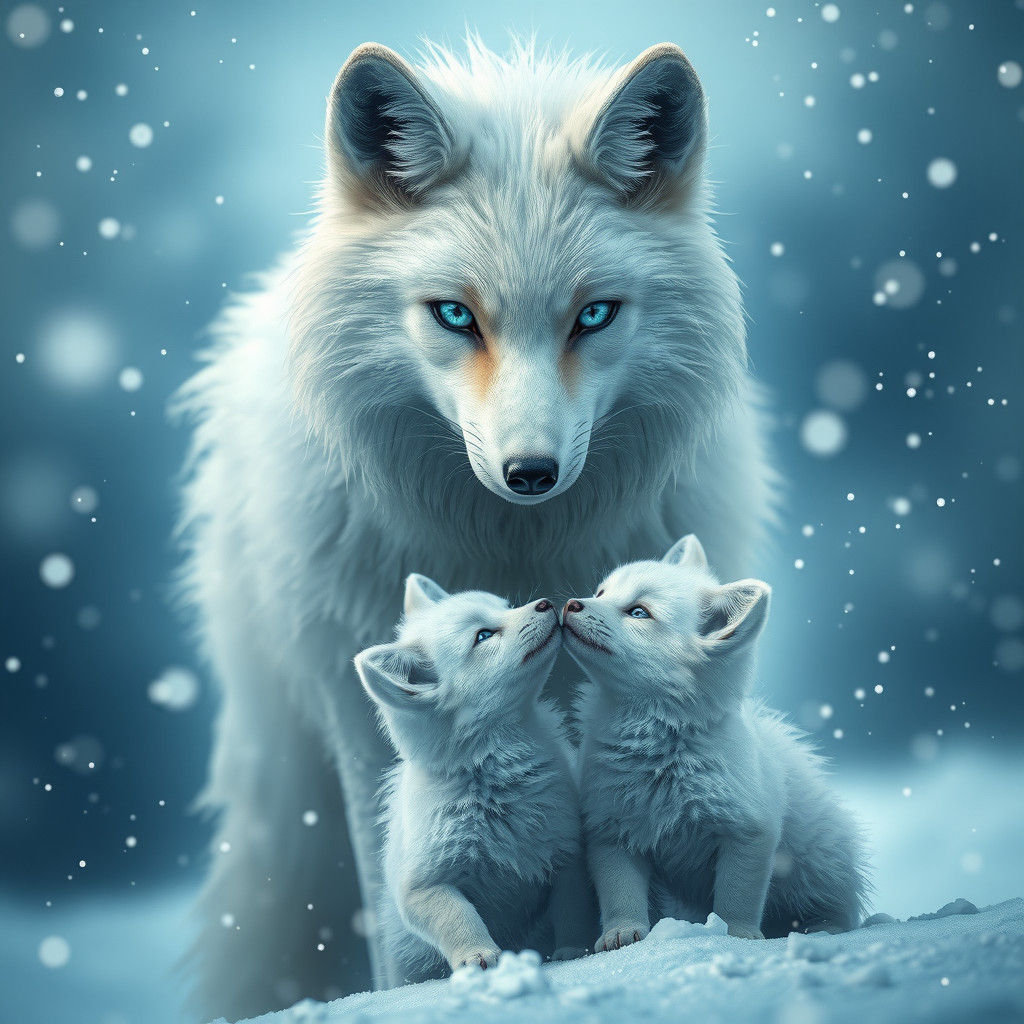 White Fox and Pup in Snowstorm: Fantasy Concept Art