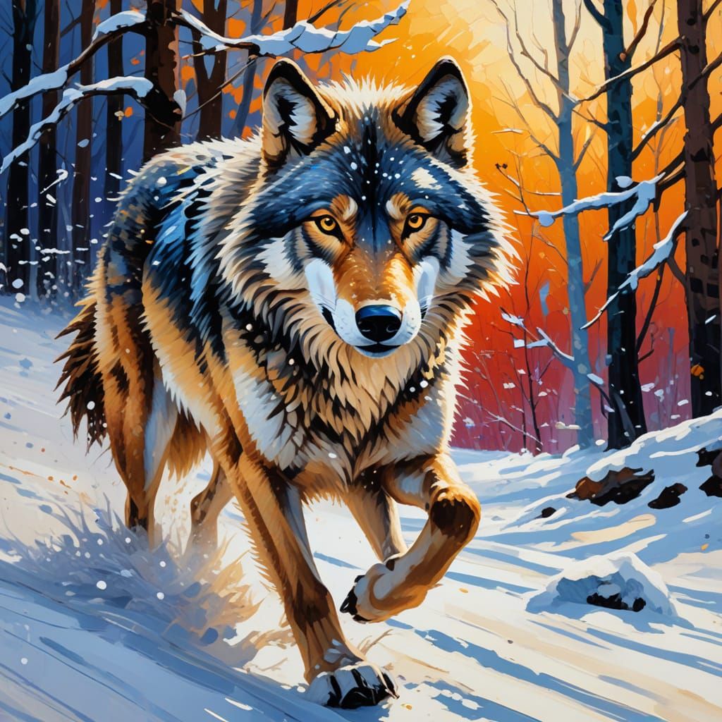Wolf Running in Snowy Expressionist Oil Painting