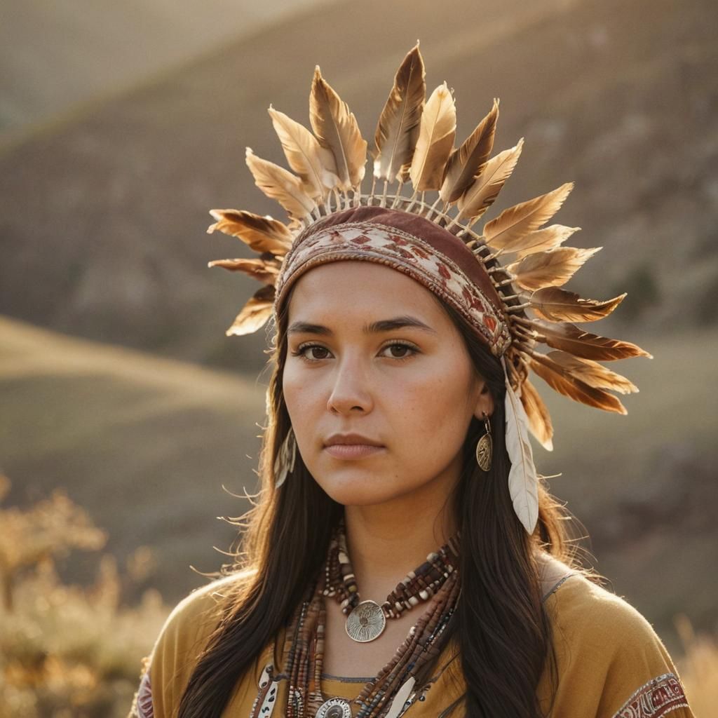 Native American Woman Portrait in Mountain Landscape