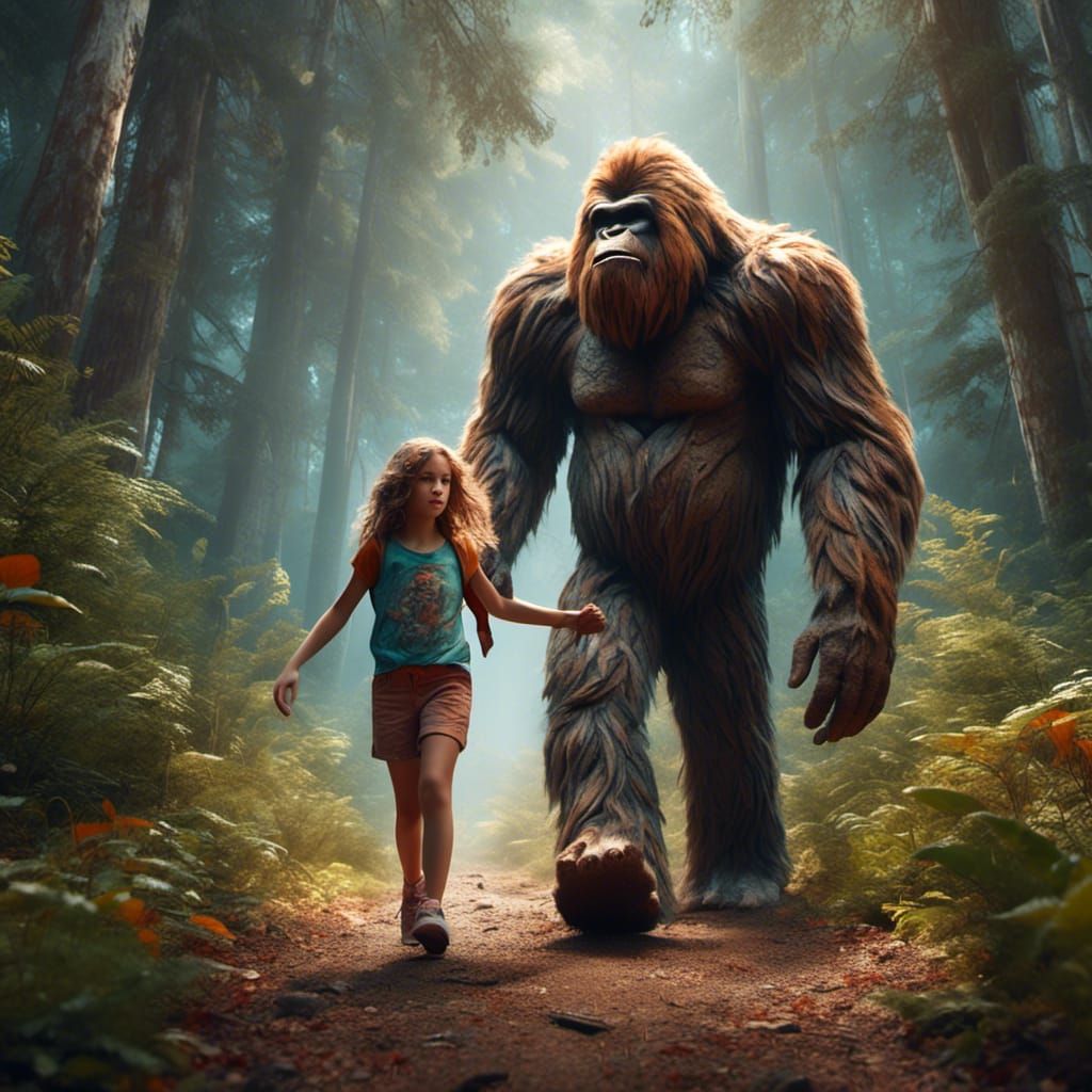 Girl and Bigfoot Hand-in-Hand: Hyperrealistic Concept Art