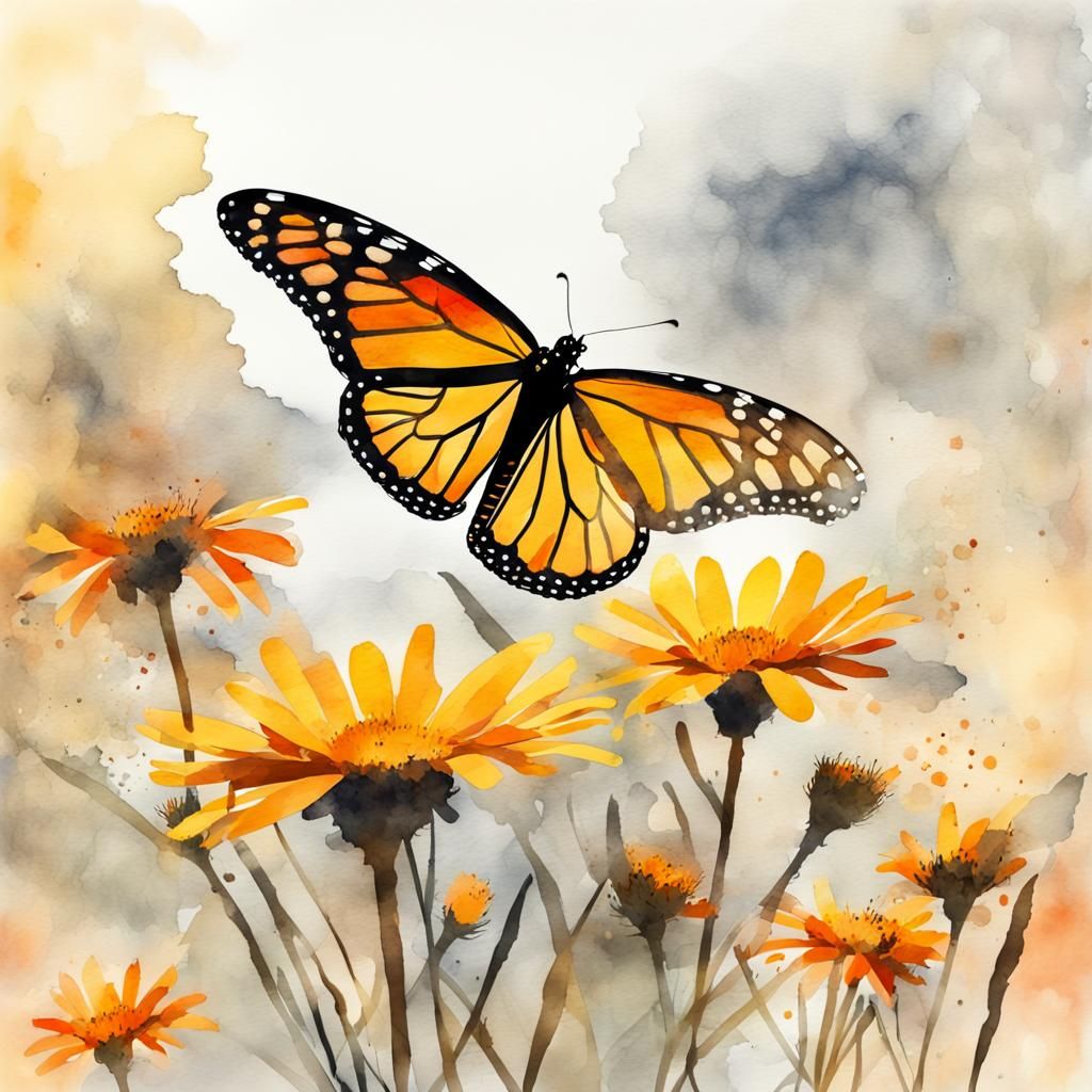Monarch Butterfly Landscape in Watercolor