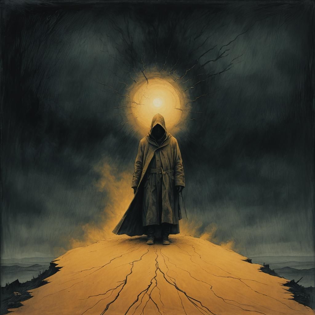 Surrealist Figure in Desolate Landscape, Charcoal Drawing