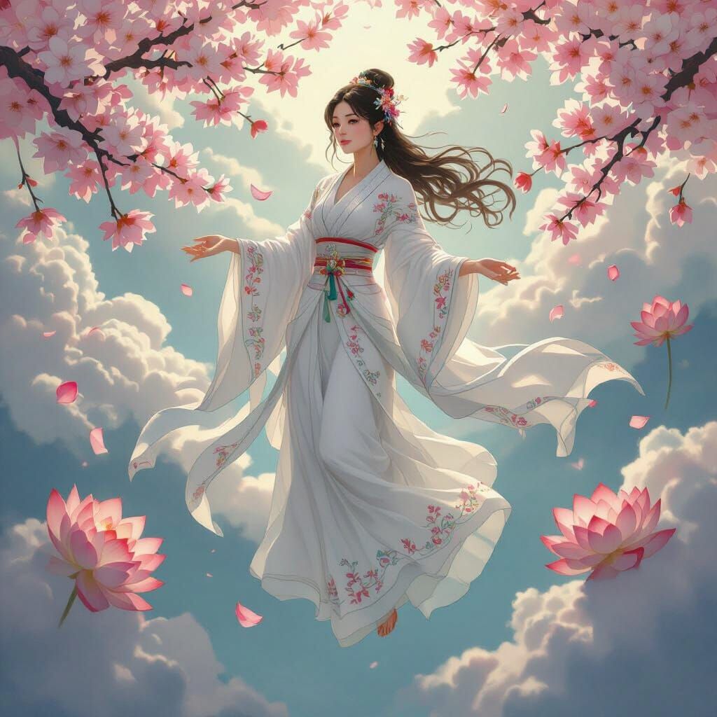Ethereal Goddess Floating Among Blossoms
