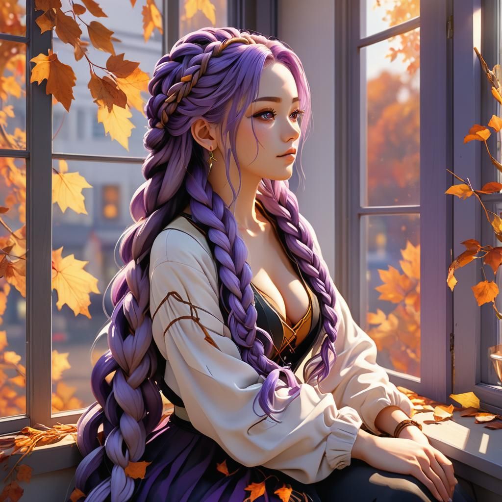 Anime Woman with Purple Braid Admiring Autumn Scenery