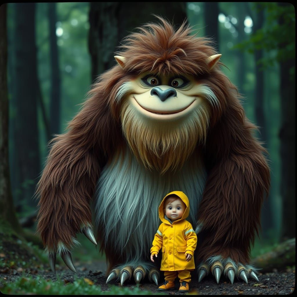Friendly Furry Monster with Child in Forest
