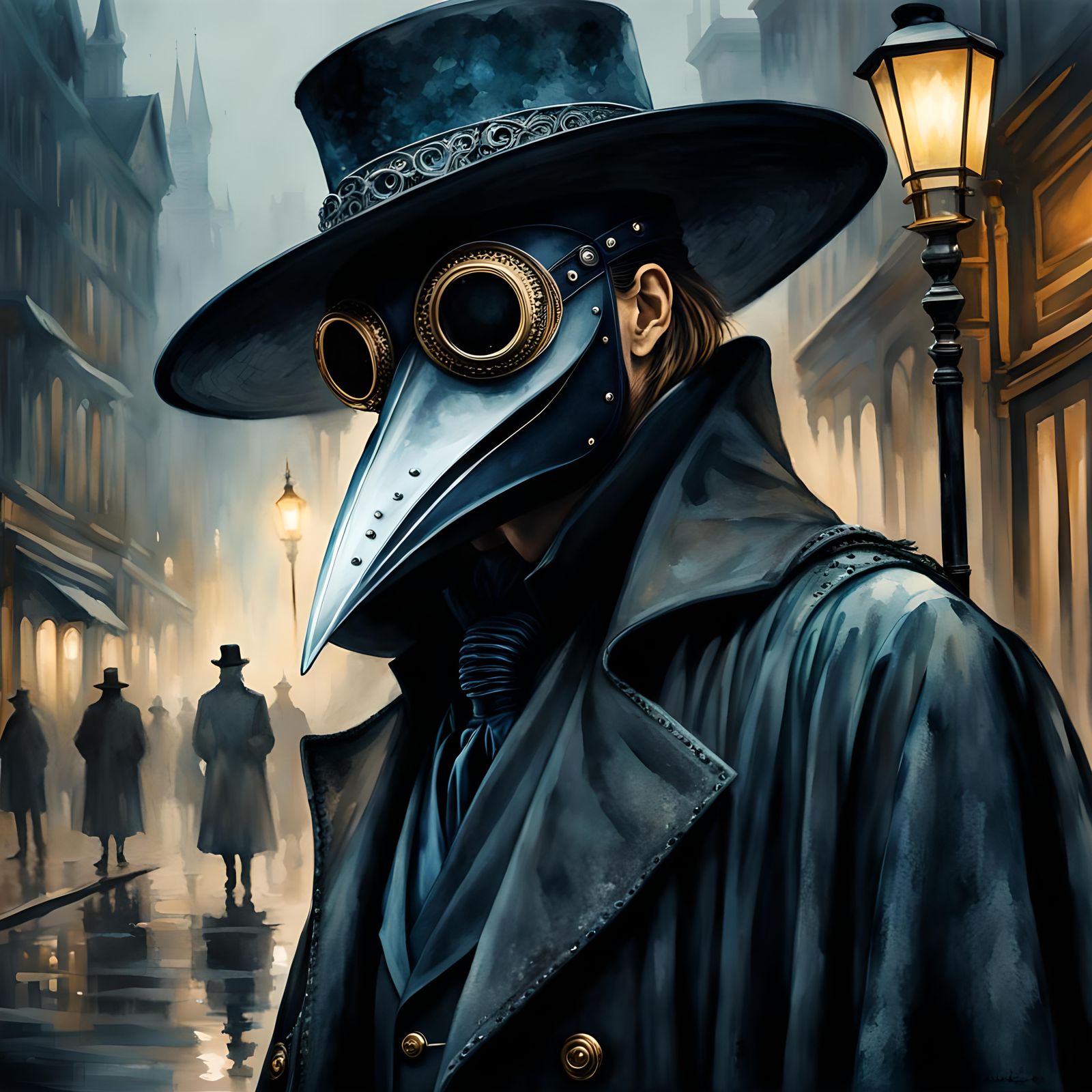 Eerie Plague Doctor in Dark Watercolor Style