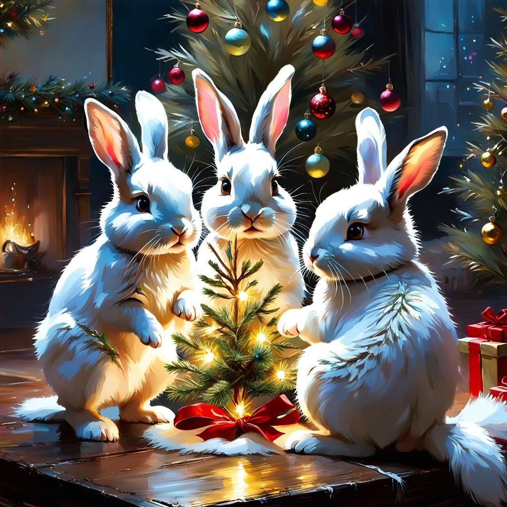 Cute Bunnies Celebrate Christmas: Pino Daeni Style