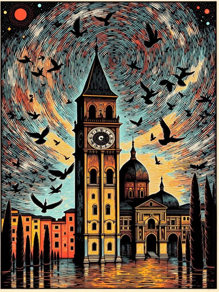 Palazzo Vecchio Florence in Whimsical Linocut Style