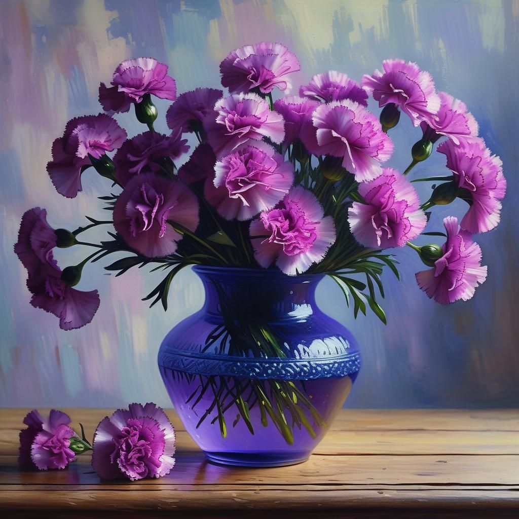 Purple Carnations Bouquet in Impressionist Oil Painting