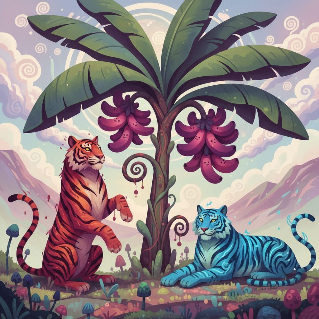 Vibrant Banana Tree with Purple Fruit, Red and Blue Tigers