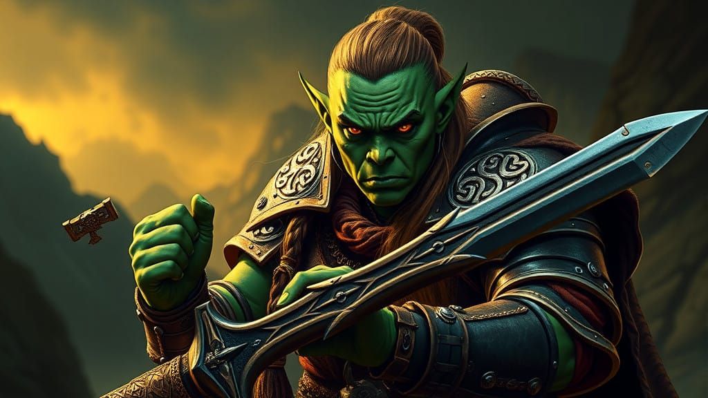 Majestic Emerald-Hued Female Orc Warrior in Battle Armor