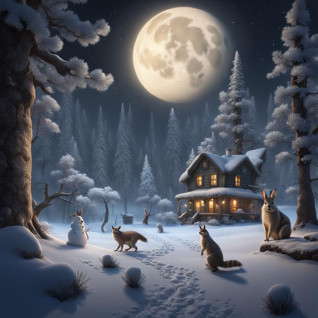 Winter Woods Animals in Detailed Matte Painting